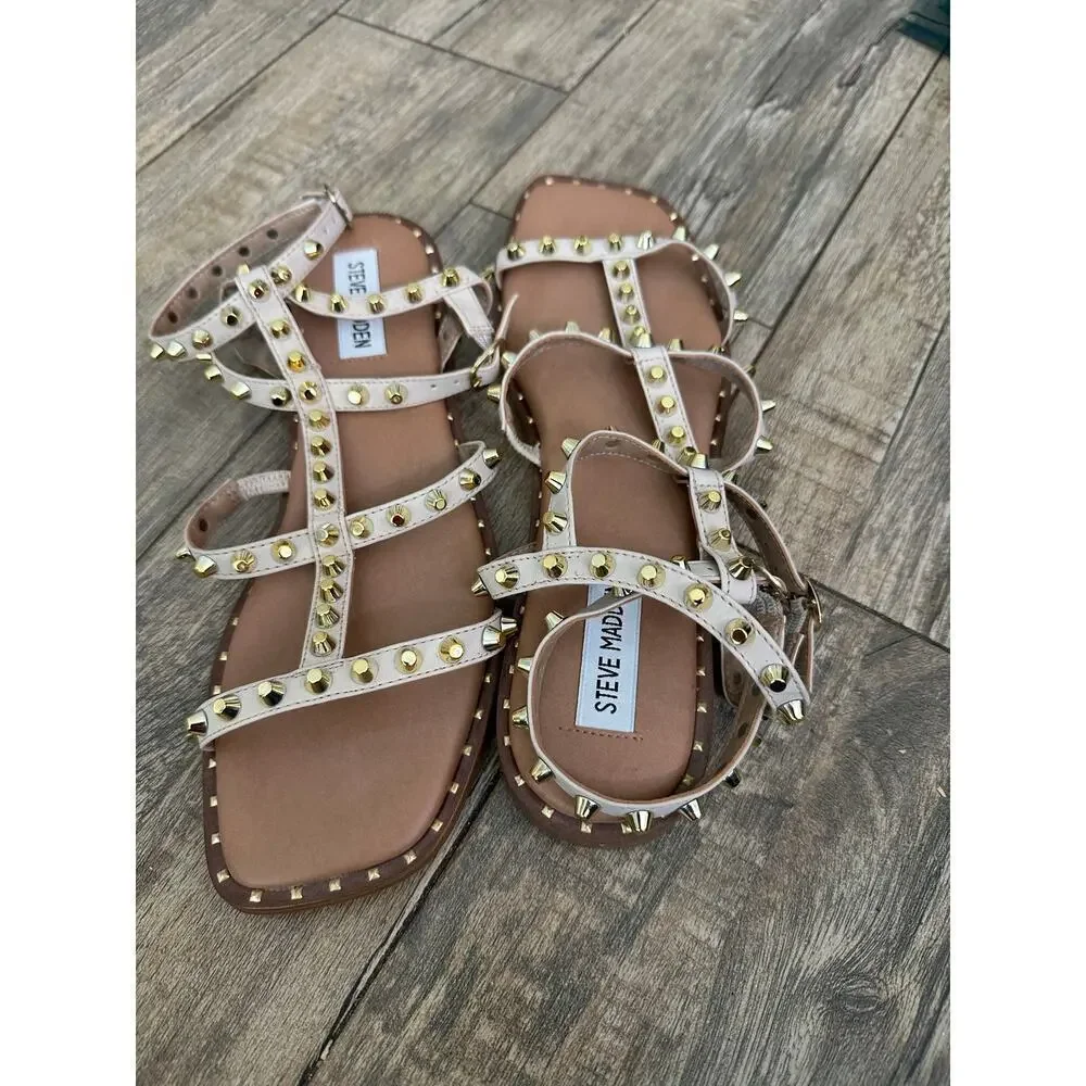 Steve Madden Women's Cream Sunnie Studded Gladiator Flat Sandals Size 8
